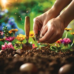 A hand carefully sows seeds into rich, fertile soil as the warm glow of sunset illuminates a vibrant garden, symbolizing growth and the start of new life. - obrazy, fototapety, plakaty
