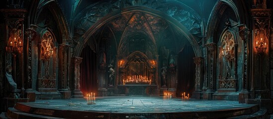 Abandoned Gothic Throne Room Shrouded in Dim Candlelight and Mystical Aura - obrazy, fototapety, plakaty