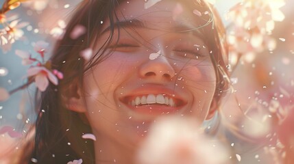 A young woman's face bursts with joy amongst a shower of cherry blossom petals, their descent caught in the soft, diffuse light of a springtime sun.