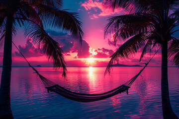 An unoccupied hammock swings gently between two neonlit palm trees overlooking a serene lagoon that sparkles with the reflections of a fuchsia sunset