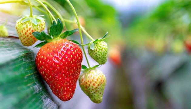 Ripe strawberries hanging from a plant in a Malaysian farm with a blurred background 