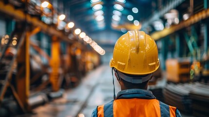 A worker in a yellow hard hat and reflective vest attentively surveys the operations of a busy industrial manufacturing plant. - obrazy, fototapety, plakaty