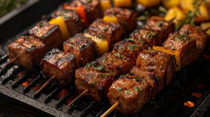 Sizzling Skewers on Well-Seasoned Grill Pan, generative ai