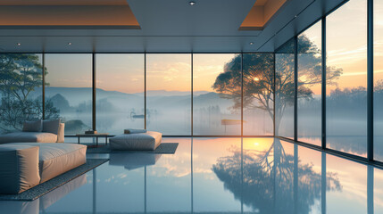 An elegant bedroom with expansive glass windows offering a stunning view of misty mountains at dawn.