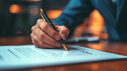 Close-up of a person's hand holding a luxurious pen while signing an official document, set against a warm, blurred background. - obrazy, fototapety, plakaty