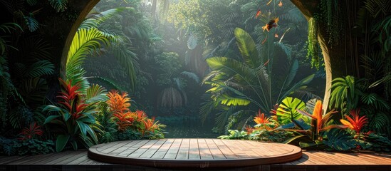 Tropical Rainforest Stage with Wooden Platform Amidst Lush Greenery and Exotic Flowers, Illuminated by Sunlight Filtering through Dense Foliage, High - obrazy, fototapety, plakaty