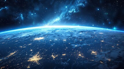 A breathtaking view of Earth's horizon as seen from space, with city lights visible below the starry night sky, depicting our planet's beauty. - obrazy, fototapety, plakaty