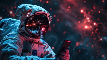 Astronaut, man floating in space play with smartphone first person view