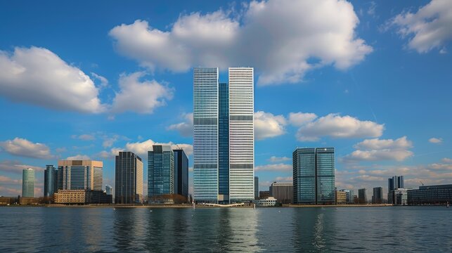 The serene waters reflect a clear sky, framing the modern architecture of a city's skyline, showcasing progress and urban development.