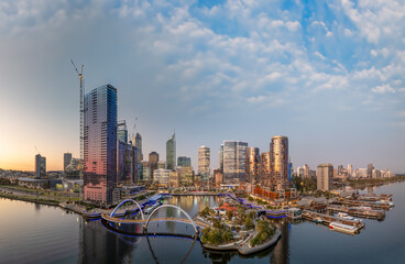 Panoramic sunset view of Elisabeth Quay in Perth from drone viewpoint