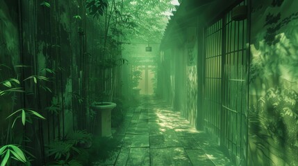A tranquil pathway lined with bamboo, bathed in a mystical green light, invoking a sense of peace and ethereal beauty.