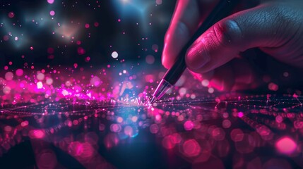 A close-up of a hand using a pen to interact with a dynamic, pink holographic interface full of light particles.