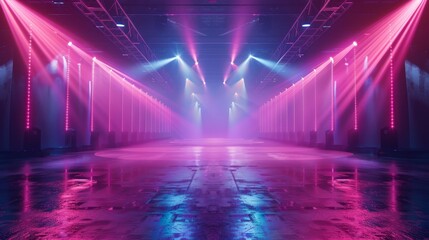 Vivid pink and blue neon lights illuminate an empty concert hall, creating a dramatic and futuristic atmosphere. - obrazy, fototapety, plakaty