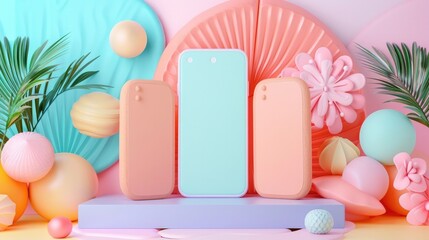 Pastel Phone Cases on 3D Geometric Stage with Whimsical Accents - A Vibrant Creation for Visual Impact
