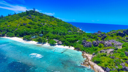 Grand Sister Island close to La Digue, Seychelles. Aerial view of tropical coastline on a sunny day