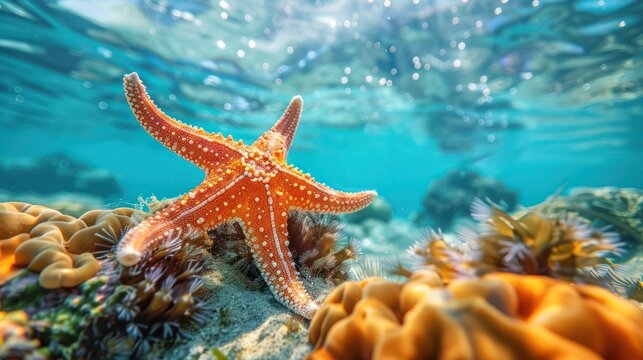 Tropical underwater starfish on a coral reef