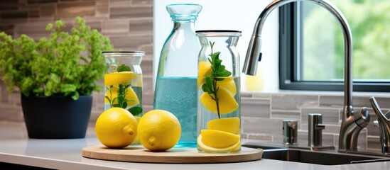 A kitchen counter in a house with a sink, pitchers of water, and lemons. The space is bright with a window overlooking green grass. Plantbased ingredients and tableware are displayed on the counter