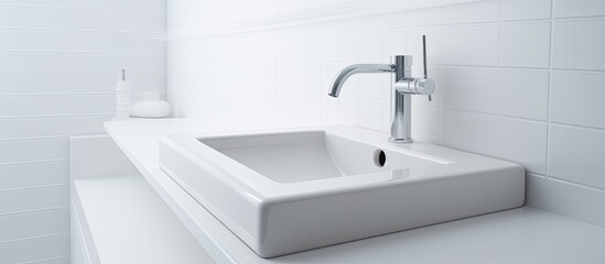 Fototapeta na wymiar A white rectangular sink with a chrome faucet installed on a wood countertop in a bathroom