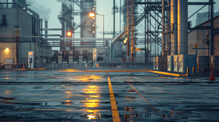 Industrial factory at dusk with wet ground. - obrazy, fototapety, plakaty