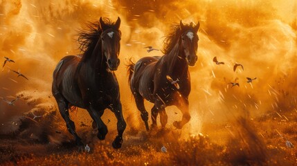 Two black horses running through the meadow