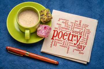world poetry day - word cloud on a napkin with coffee, cultural event