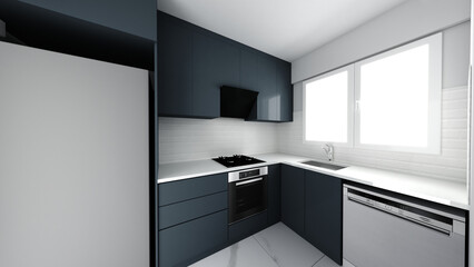 Modern Contemporary kitchen room interior . White and wood material. Real new interior design