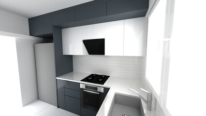 Modern Contemporary kitchen room interior . White and wood material. Real new interior design