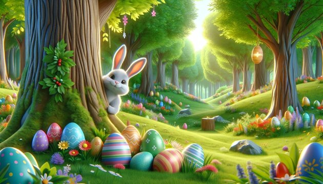Easter Bunny is hiding in a tree in a forest of Easter eggs. The scene is bright and cheerful, with the sun shining through the trees and the eggs scattered throughout the grass