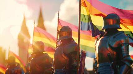 Gay knights with Rainbow flags - obrazy, fototapety, plakaty
