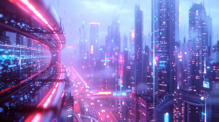 Fototapeta na wymiar Futuristic neon-lit cityscape.