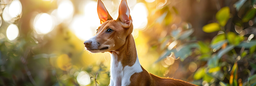 Portrait of a Calm and Poised Ibizan Hound Dog in a Vibrant Natural Environment