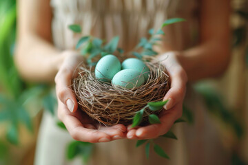 A woman is holding a nest with three eggs in it. The nest is made of twigs and leaves, and the eggs are green. The woman's hands are holding the nest gently, and the scene has a peaceful