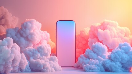 Blank Smartphone Mockup Floating on a Pastel Gradient Cloud Background