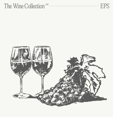 Bottles of wine, glasses and grapes on a table. Hand drawn vector illustration, sketch. - 761618171
