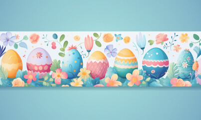 Fototapeta na wymiar A colorful line of eggs with flowers and leaves. The eggs are of different colors and sizes, and they are arranged in a row. Scene is cheerful and playful, as it is a representation of Easter
