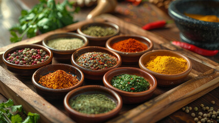 Assorted spices on a wooden board.
