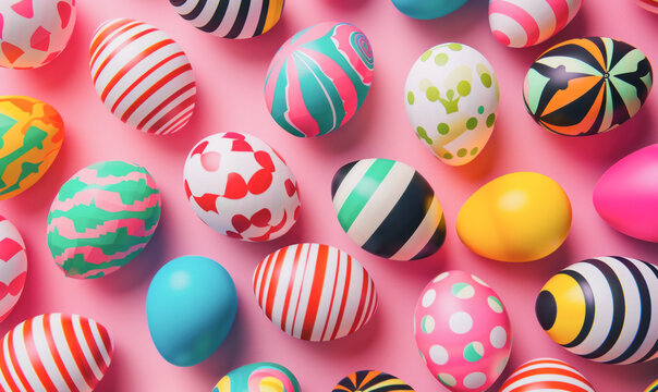 An assortment of vibrantly patterned Easter eggs scattered on a pink background. A display of festive diversity and joyful Easter traditions.