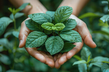 Cupped hands holding a green plant with dewy leaves, symbolizing growth and nurturing. The gentle embrace of nature care and the importance of environmental nurturing. - obrazy, fototapety, plakaty