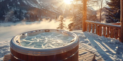 Hot jacuzzi on the chalet veranda among the winter mountains.