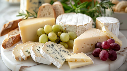 Variety of cheeses with grapes and bread on a marble board.