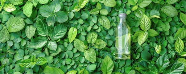Clear glass bottle nestled among a dense variety of green leaves, highlighting eco-sustainability. Integrating the purity of nature with sustainable practices.