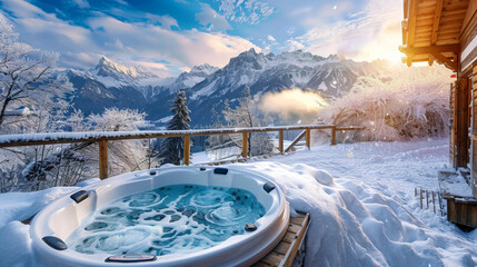 Hot jacuzzi on the chalet veranda among the winter mountains.