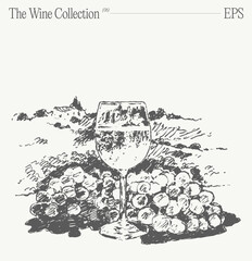 A glass of wine and grape with a village on background. Hand drawn vector illustration, sketch - 761618771