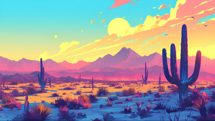 desert with cactus, beautiful colorful landscape - obrazy, fototapety, plakaty