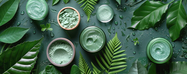 Natural skincare products with vibrant green textures surrounded by fresh leaves and water droplets. The essence of nature's healing and rejuvenating power in skincare.