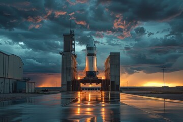 missile testing facility at dawn, with ominous clouds overhead and technicians conducting final checks before a launch
 - obrazy, fototapety, plakaty