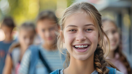 Obraz premium Group of teenagers smiling outdoors.