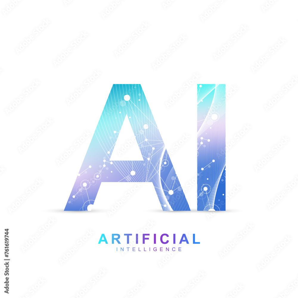 Poster AI Banner Concept In The Digital Style. Generative Ideas Design Element For Internet Technology. Futuristic Technology Concept Artificial Intelligence.