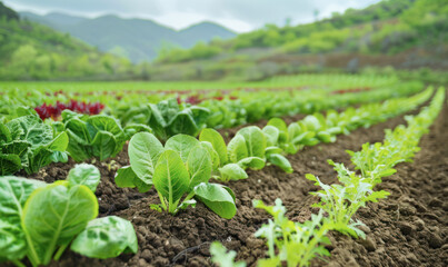 Rows of young lettuce plants growing in fertile soil with a backdrop of rolling hills. The growth and nurturing of agriculture, symbolizing hope and life's continual renewal. - Powered by Adobe