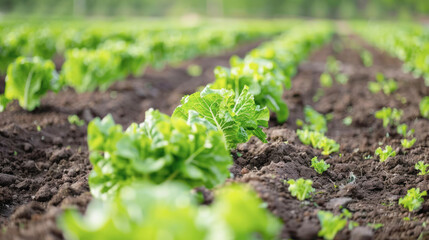A field of lettuce plants is growing in the dirt. The plants are green and healthy, and they are arranged in neat rows. Concept of abundance and growth